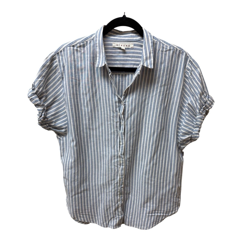Xirena Striped Button Front Blouse Small Blue White Pink 100% Cotton